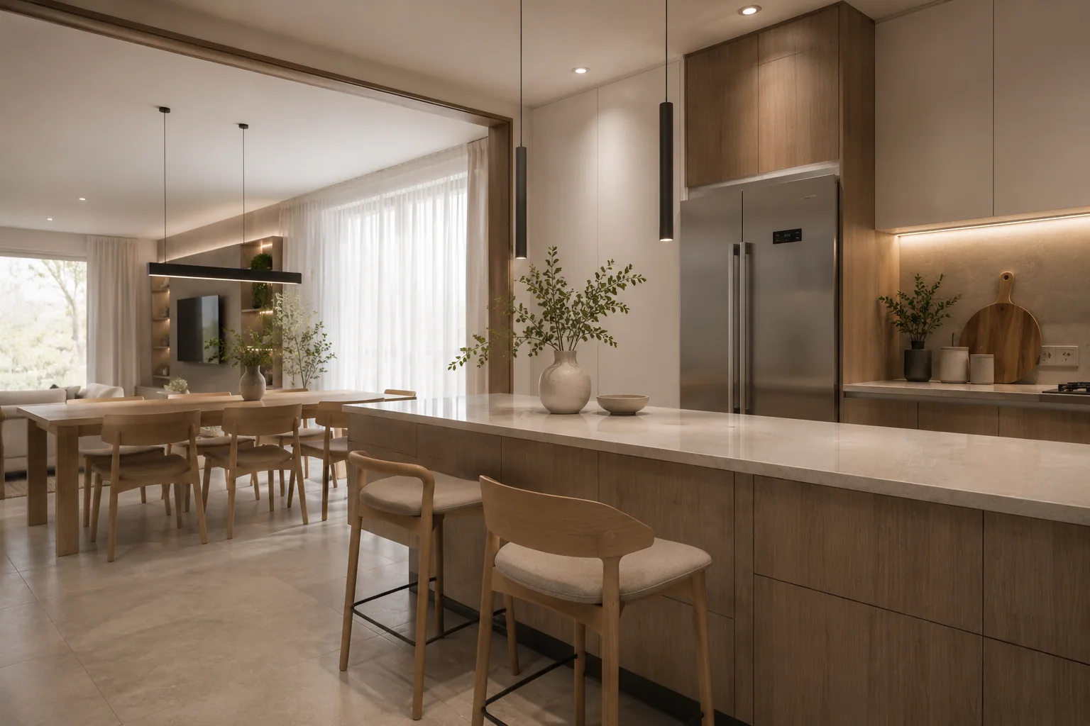 Comedor con mesa de madera maciza y vista al jardín
