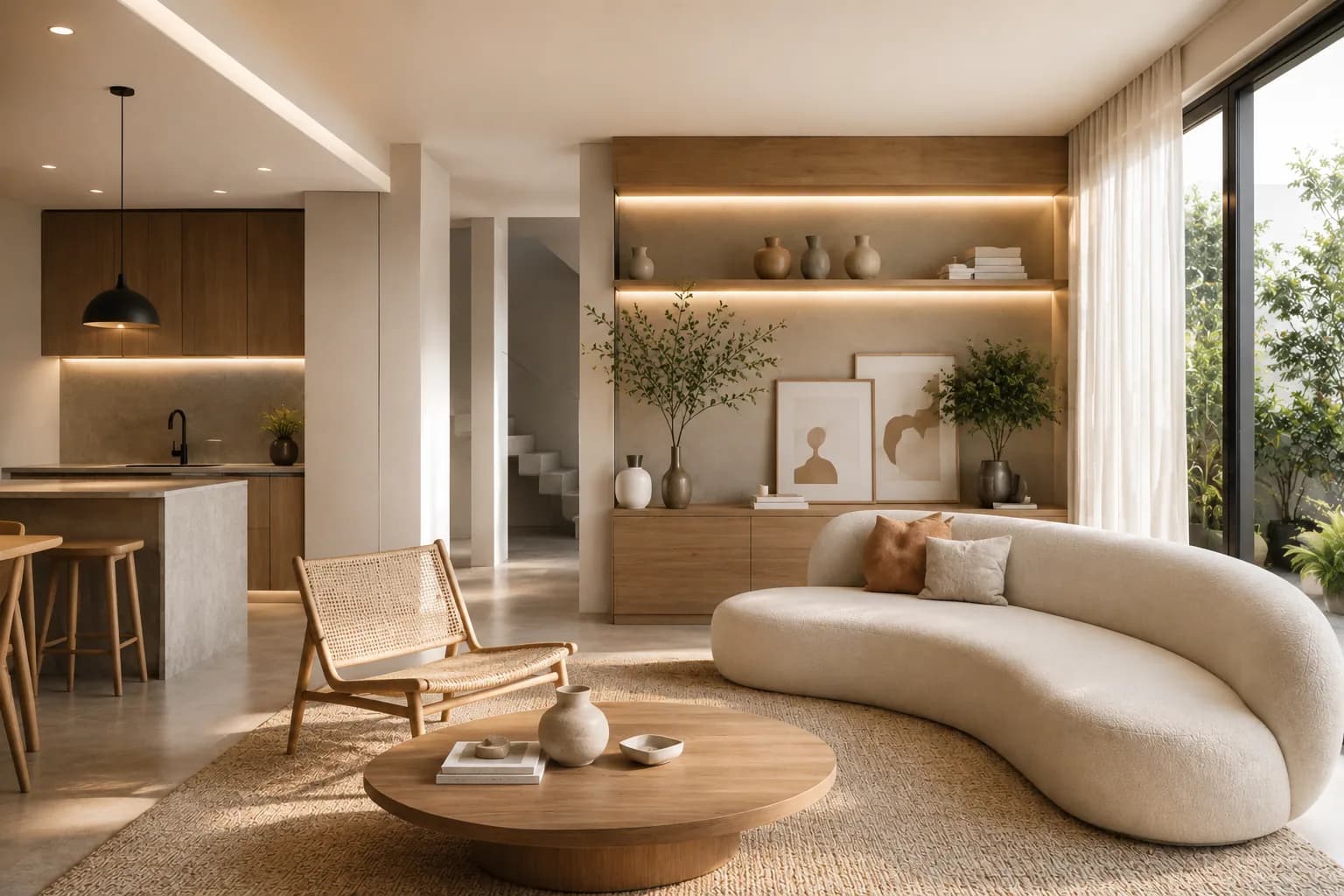 Living con sofá curvo y cocina integrada en tonos madera