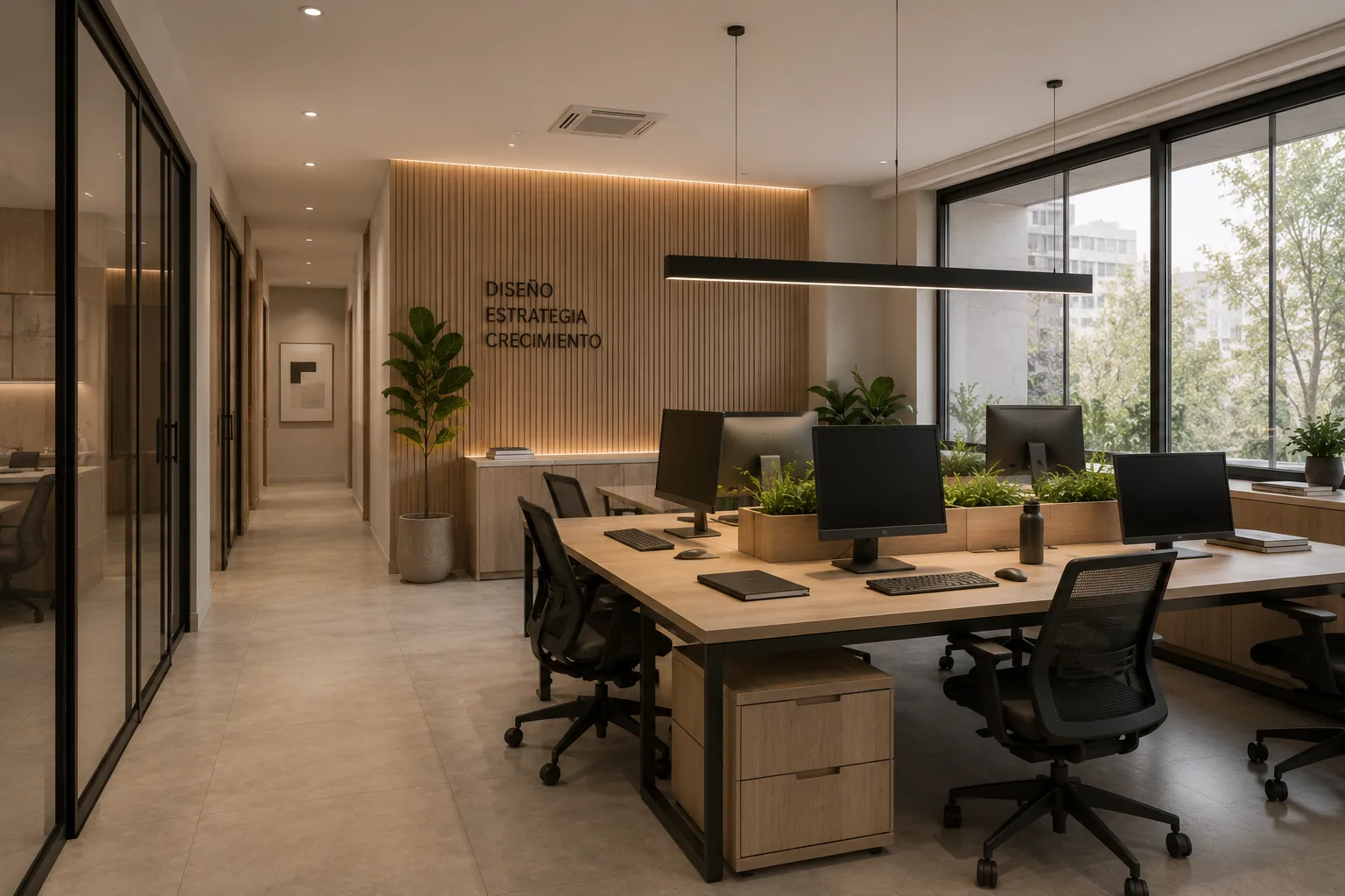 Oficina corporativa con escritorios compartidos y vegetación