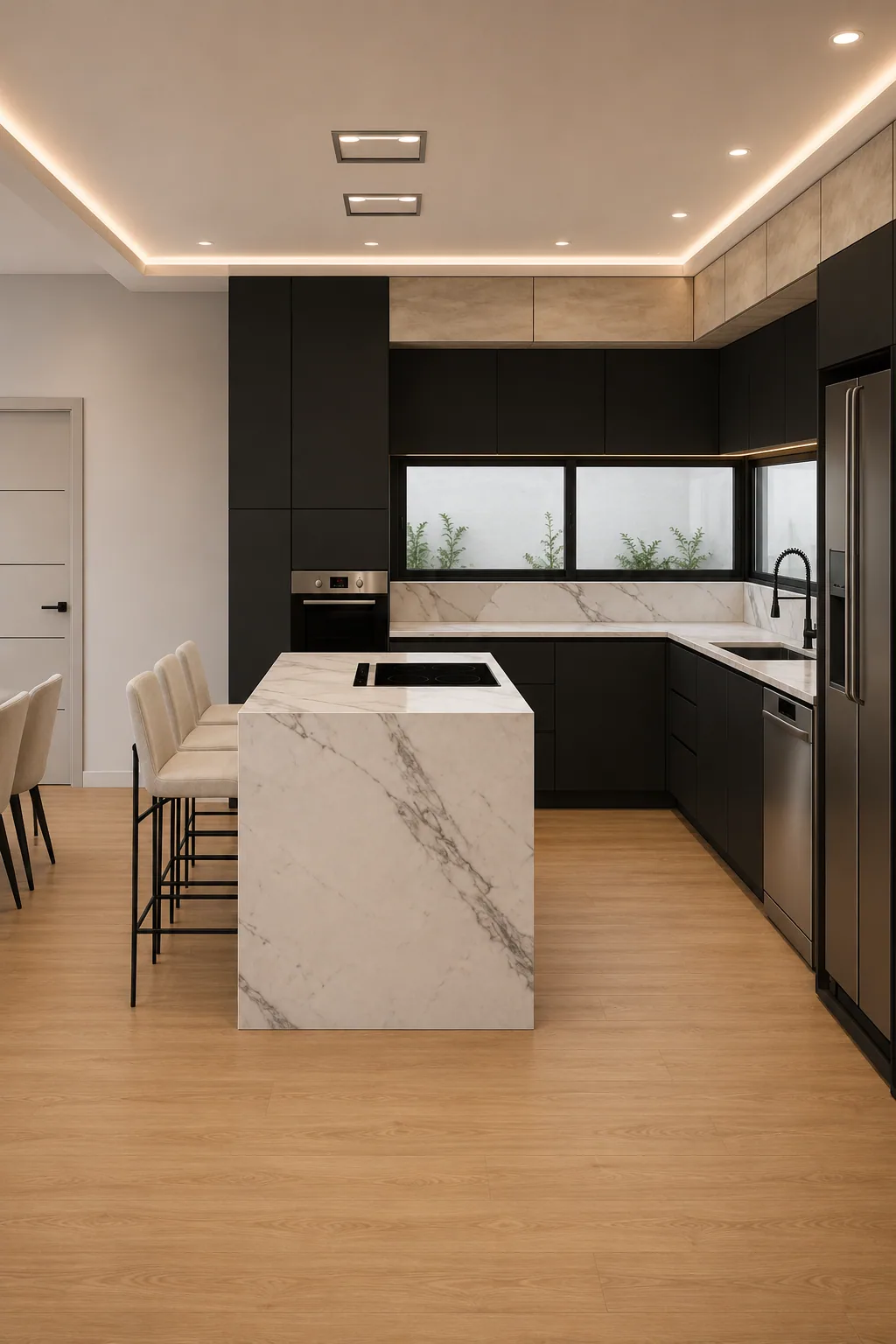 Cocina contemporánea con isla de mármol y frentes negros