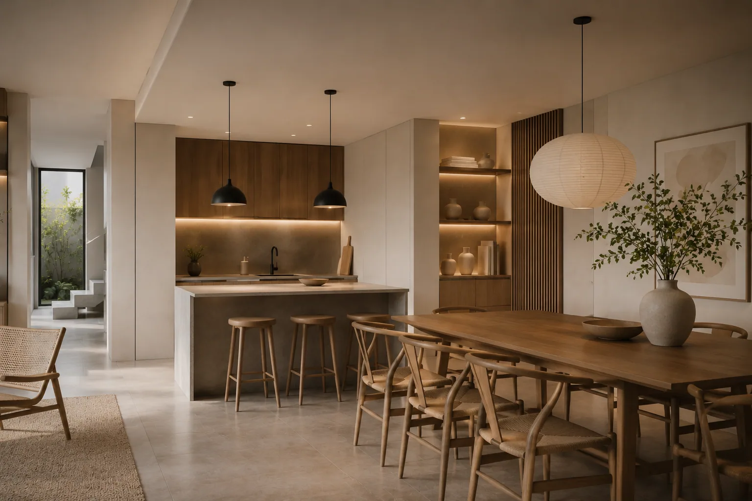 Cocina integrada al comedor con iluminación cálida
