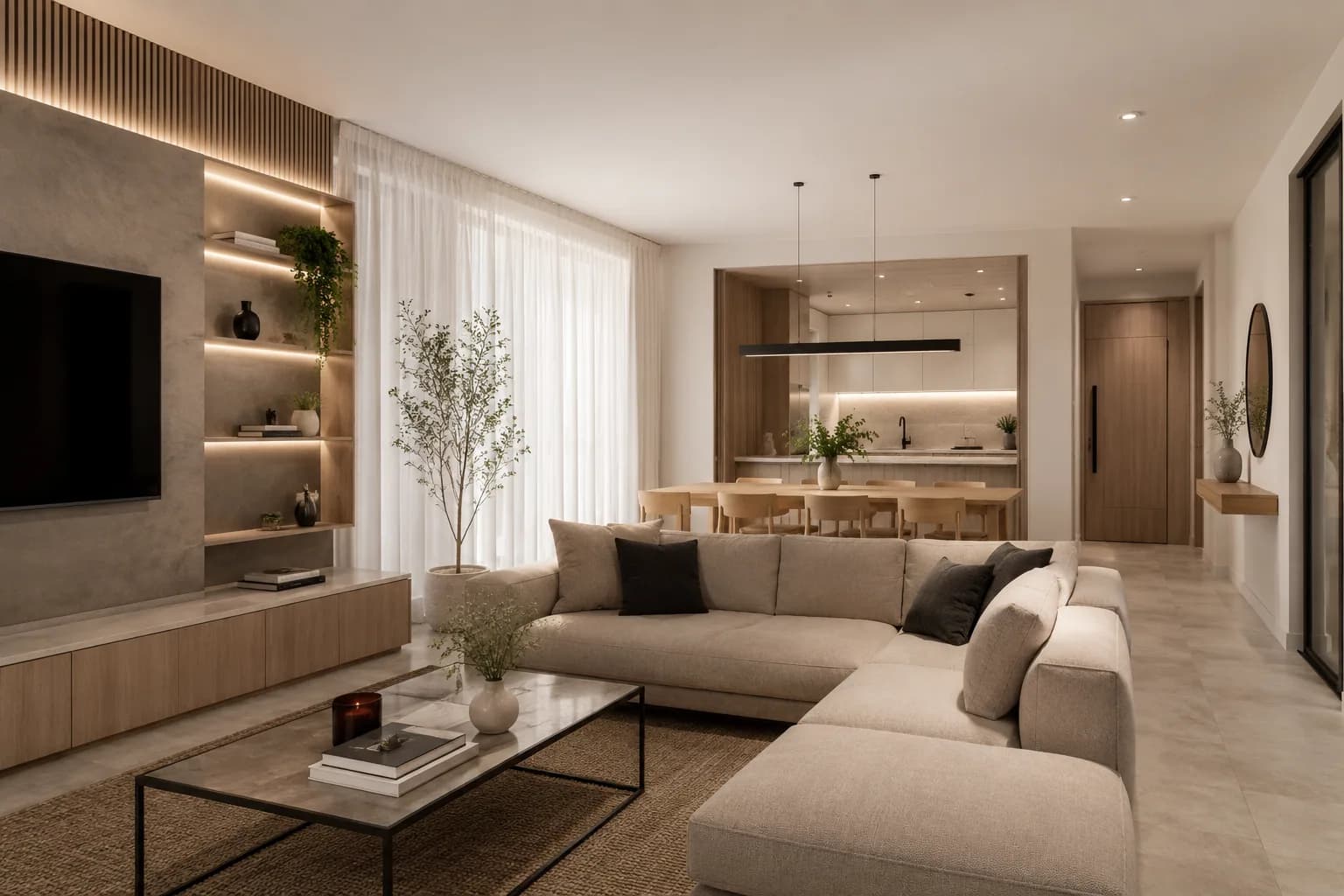Living residencial con sofá modular y estantería iluminada