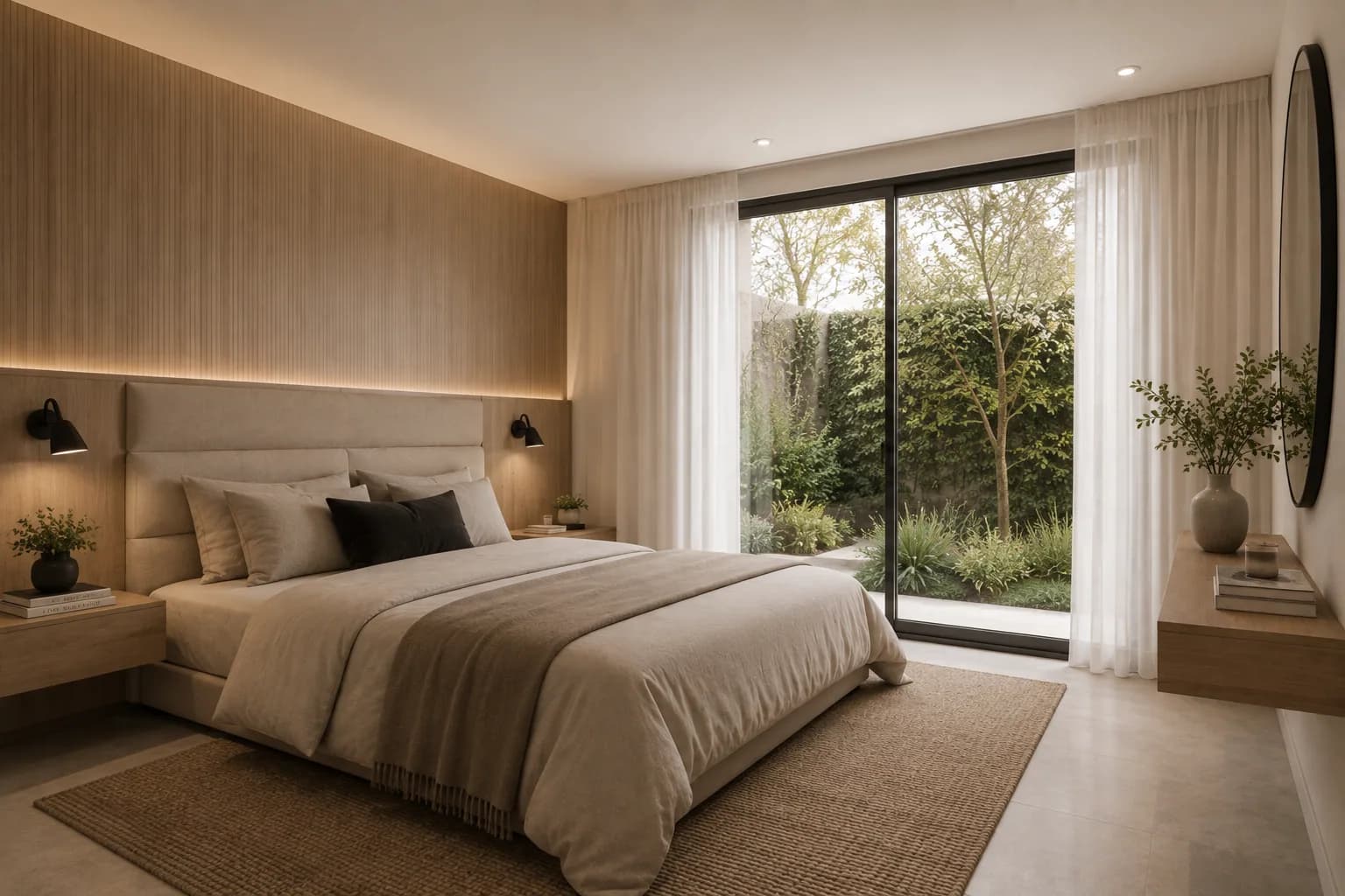 Ambiente con revestimiento de madera y cortinas al ventanal