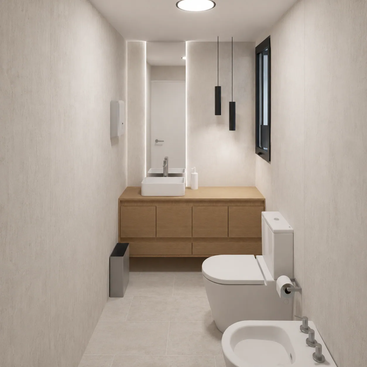 Baño con bacha de apoyo y mueble de madera