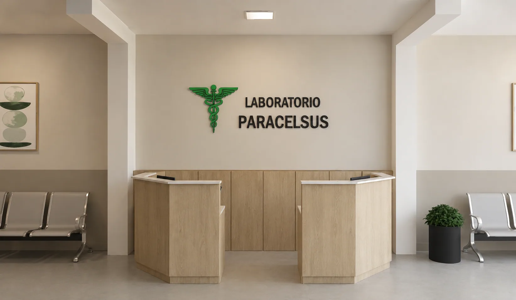 Recepción frontal con la señalética del laboratorio