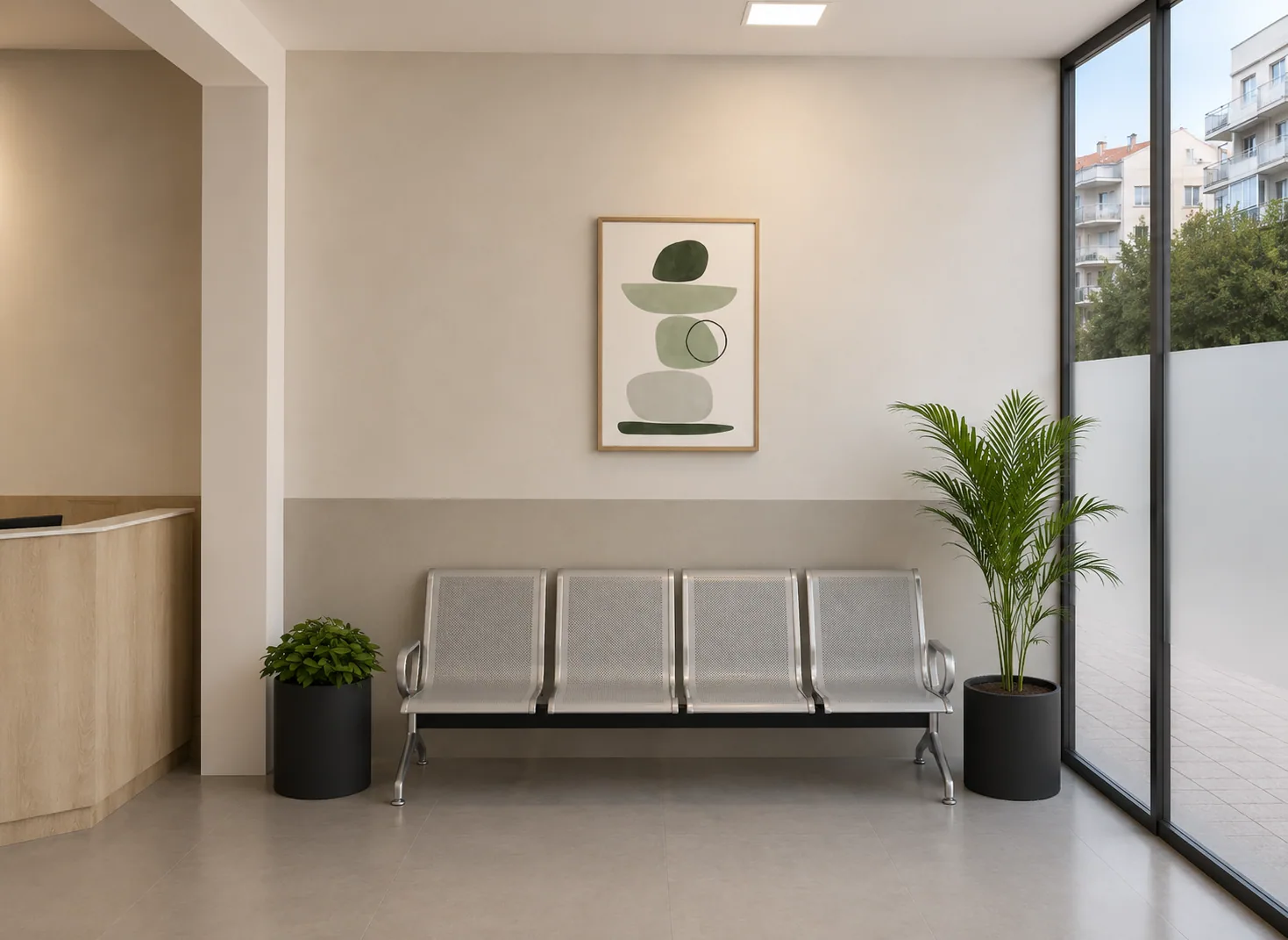 Sala de espera con obra gráfica y ventanal